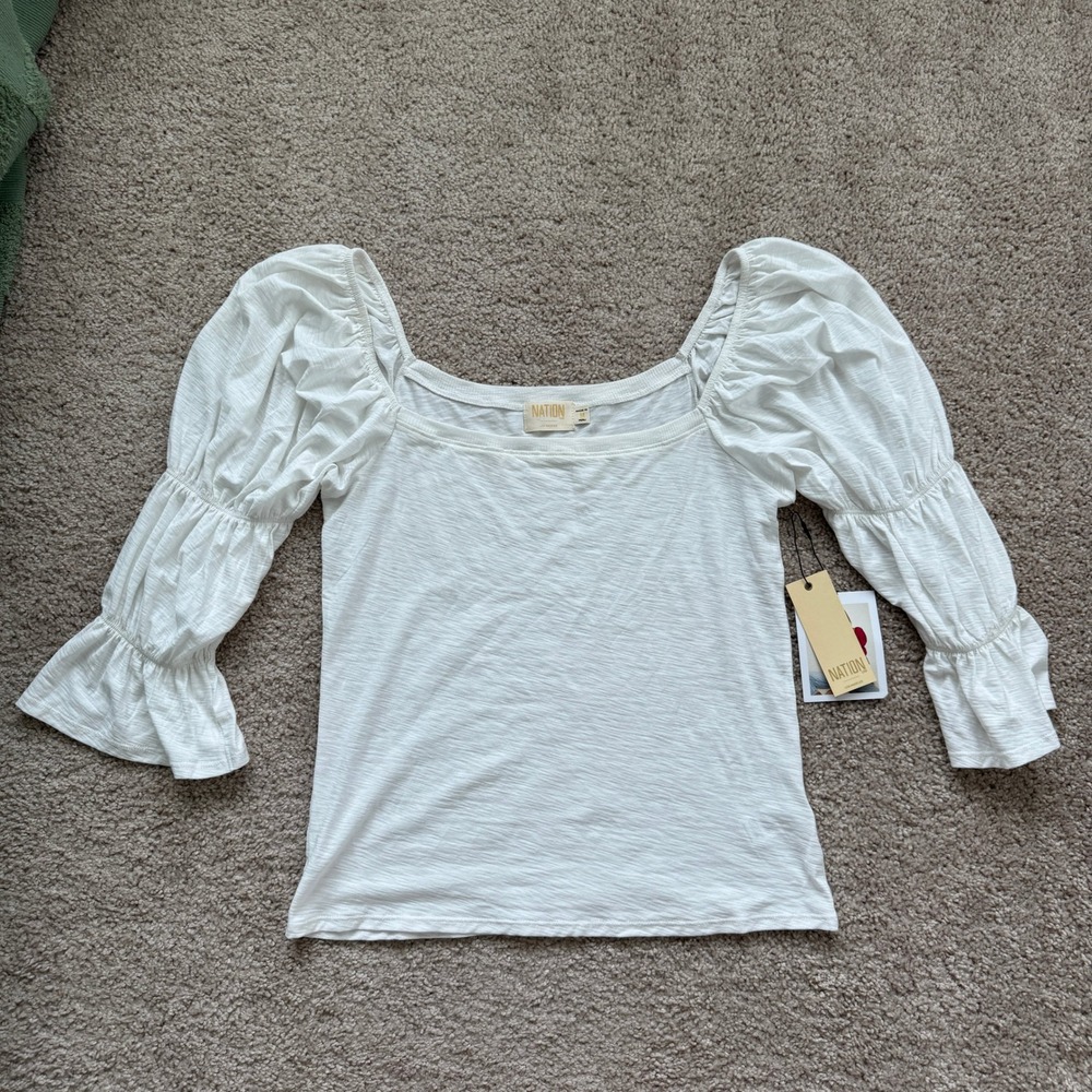 NWT Nation LTD White Pima Cotton Square Neck Puff Sleeve Top 1287RS Size M